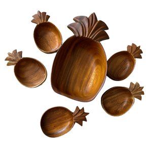 Vintage Teak Pineapple Salad Bowl Set Mid Century Modern- 6 Pieces